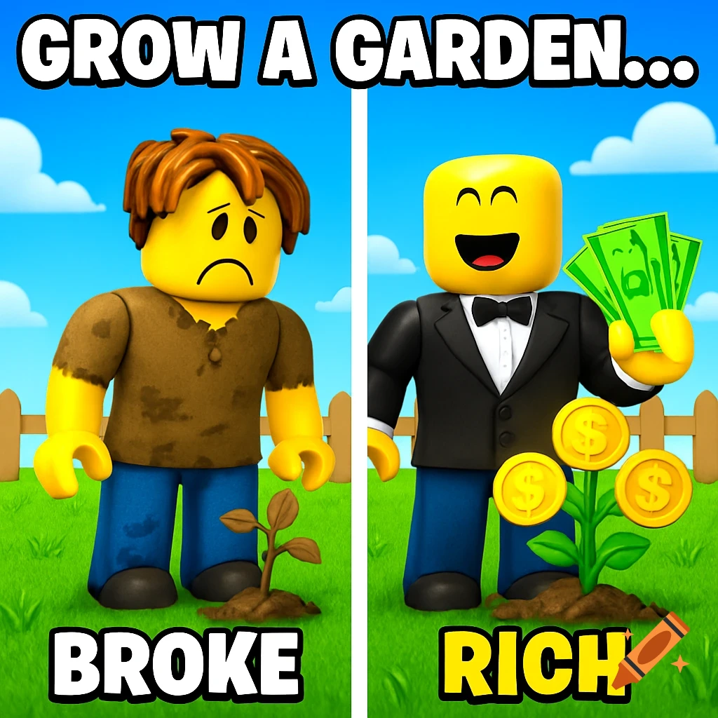 Roblox split image: a sad 'BROKE' character with a small plant contrasts with a happy 'RICH' character holding money by a money tree.