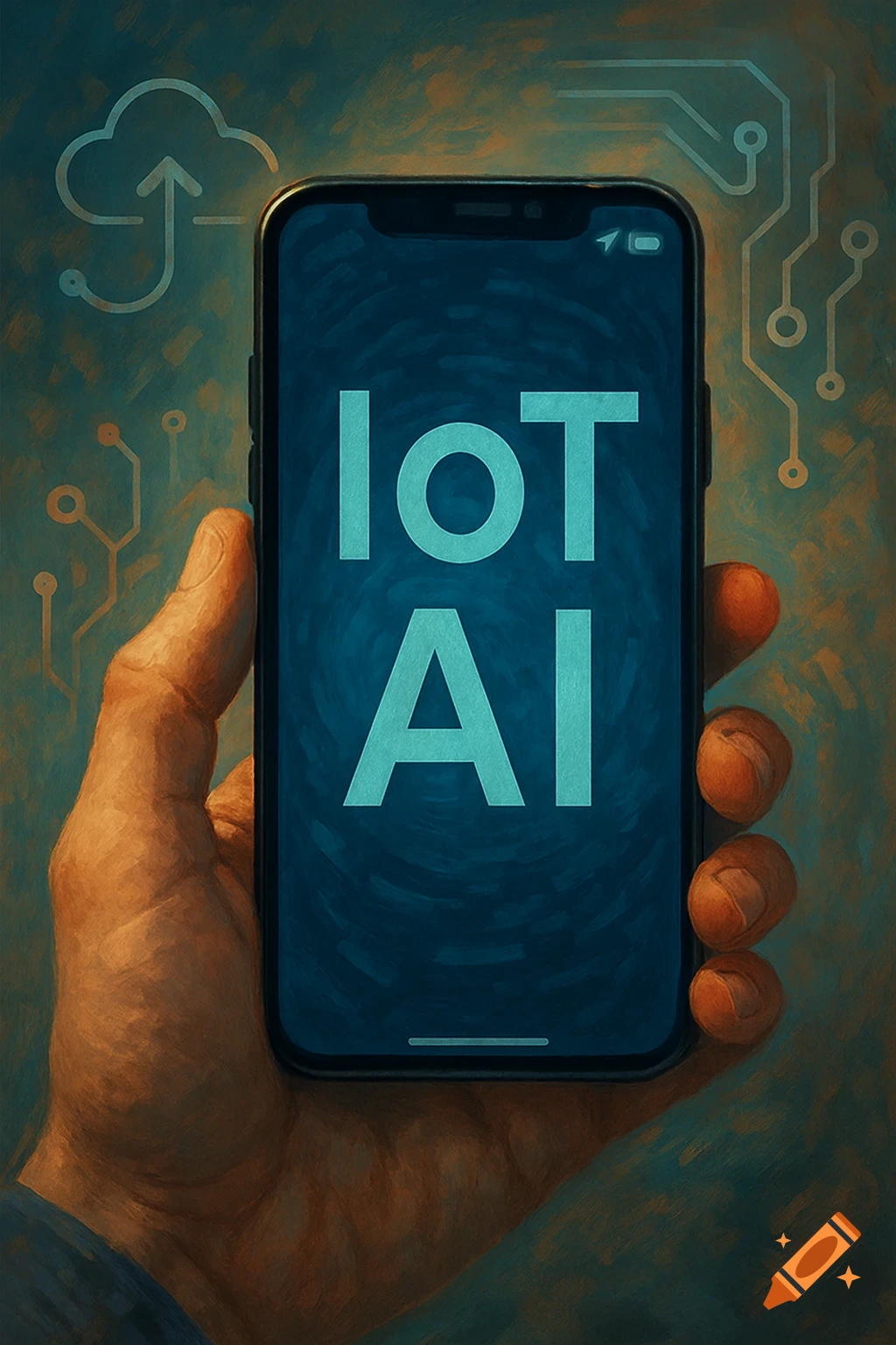 A hand holds a smartphone displaying 'IoT' and 'AI' on its screen, set against a background with circuit patterns and a cloud icon in a digital art style.