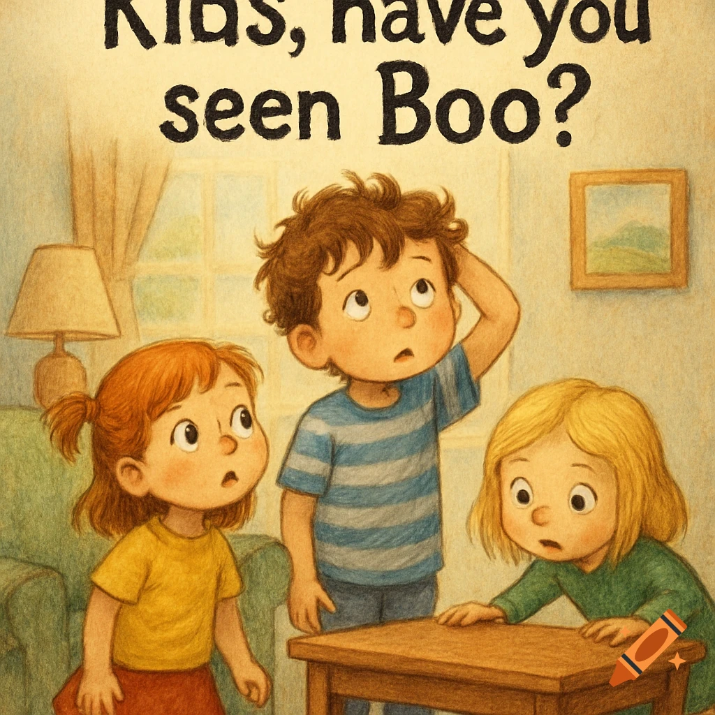 Illustration of three curious children in a room, looking around. Text at the top reads 'Kids, have you seen Boo?'