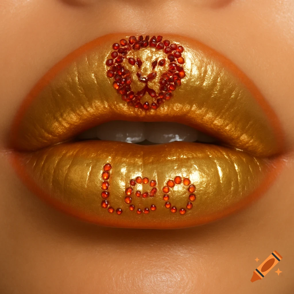 Close-up of gold-painted lips with orange lip liner, a red rhinestone lion head on the upper lip, and 'leo' in orange rhinestones on the lower lip.