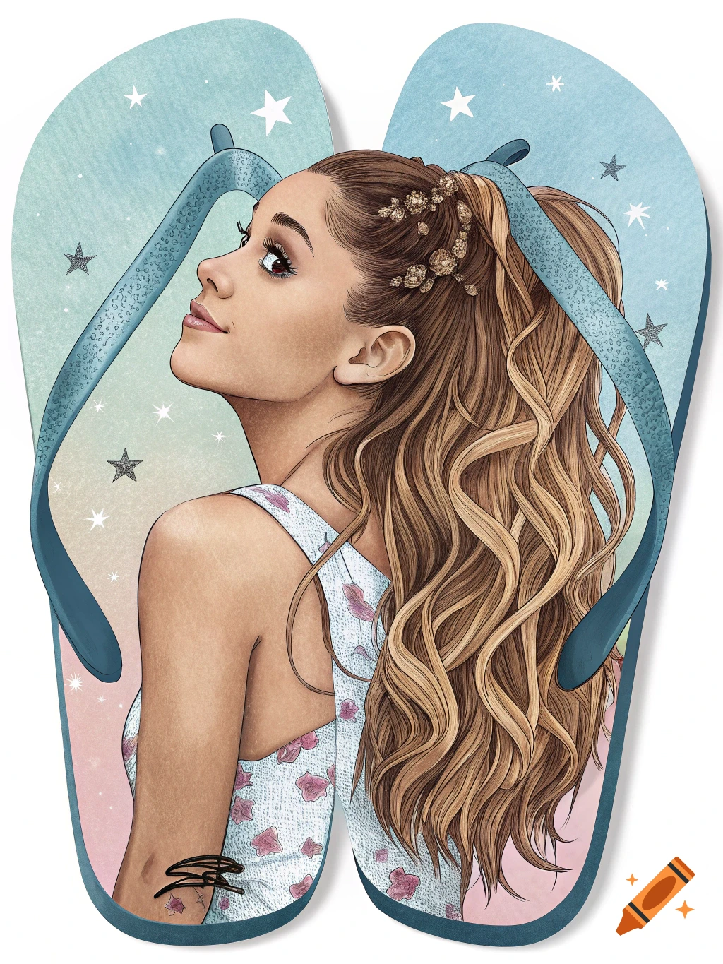 An illustration of Ariana Grande with wavy hair and flowers, looking up, set against blue starry flip-flops.