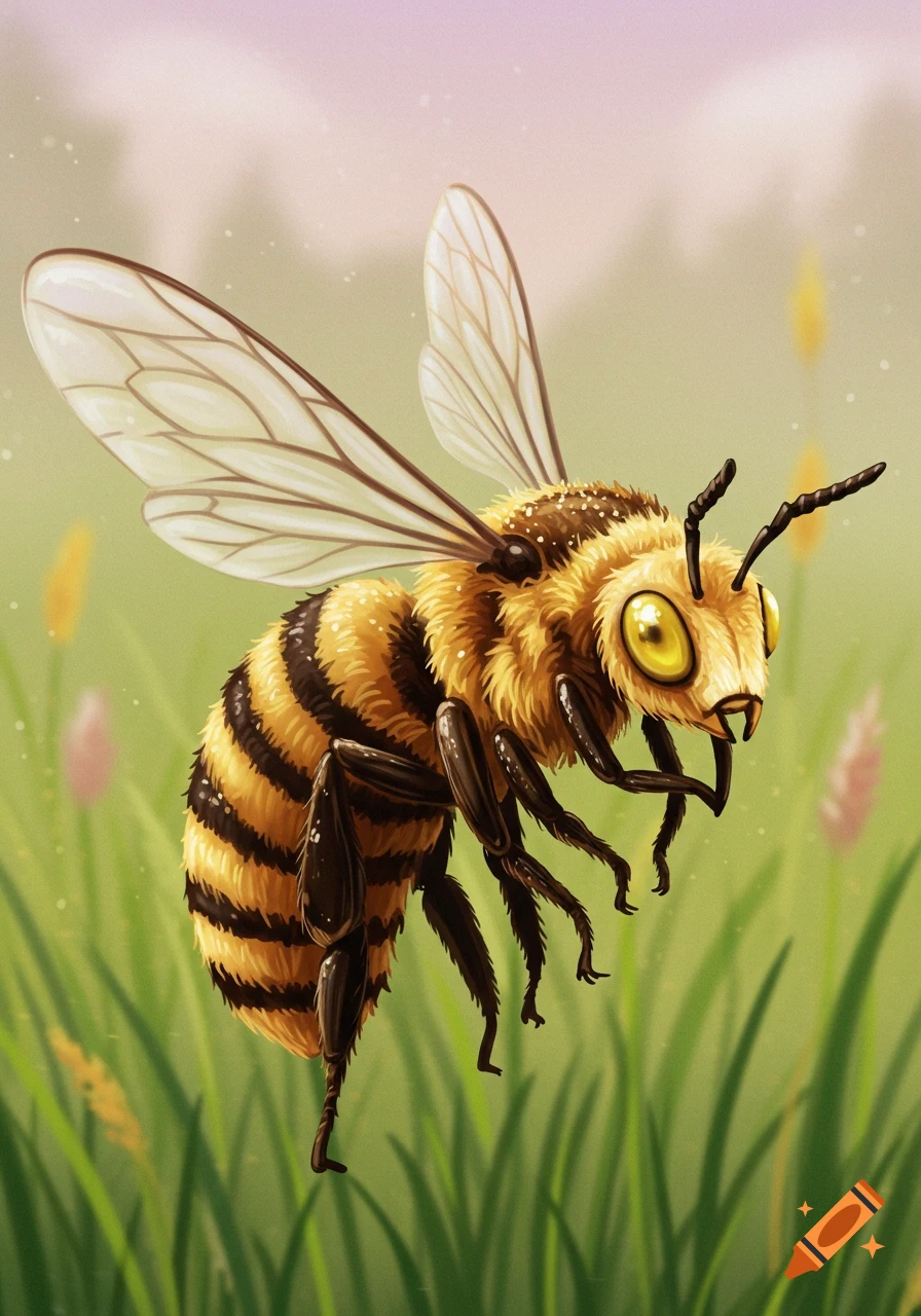 A cartoon bee with large yellow eyes hovers above green grass in an illustration.