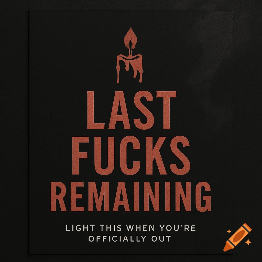 A minimalist black poster features a distressed red candle icon above the bold red text 'LAST FUCKS REMAINING'. Below it, smaller white text reads 'LIGHT THIS WHEN YOU’RE OFFICIALLY OUT'.