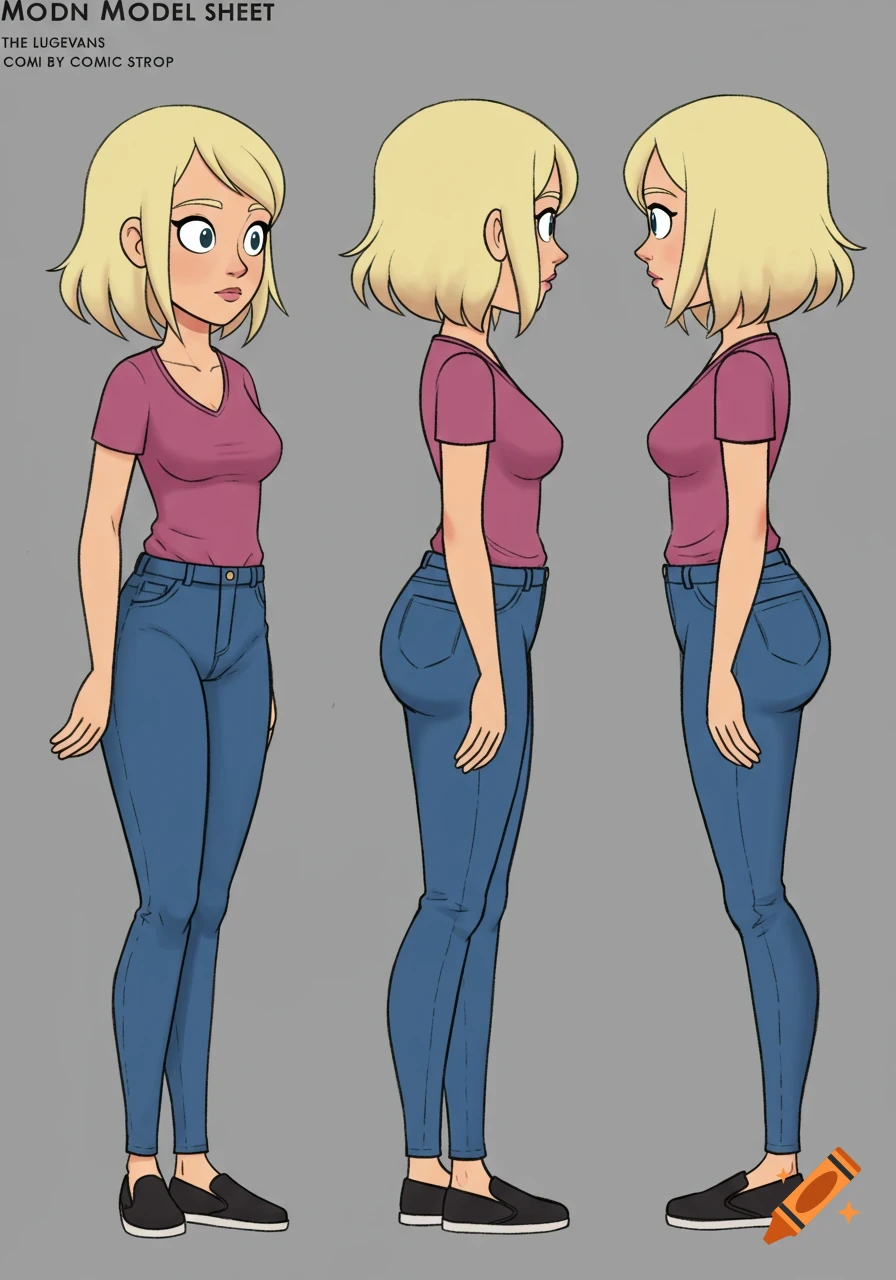 2D cartoon model sheet of a blonde woman in a pink t-shirt and blue jeans, shown from front, side, and three-quarter views.