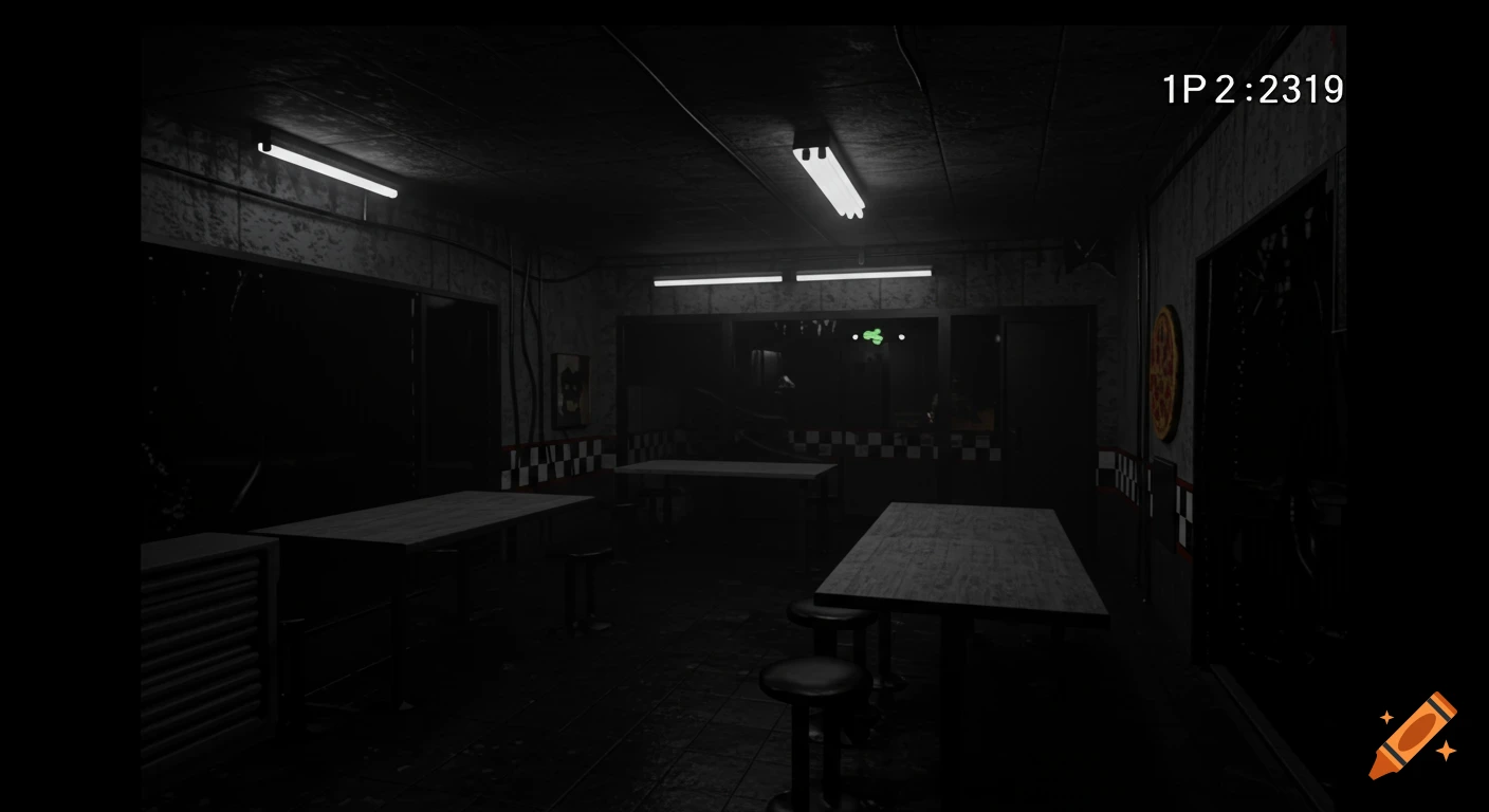 Creepy, dark security footage of an empty pizzeria dining room with tables and flickering lights. A pizza sign is on the wall.