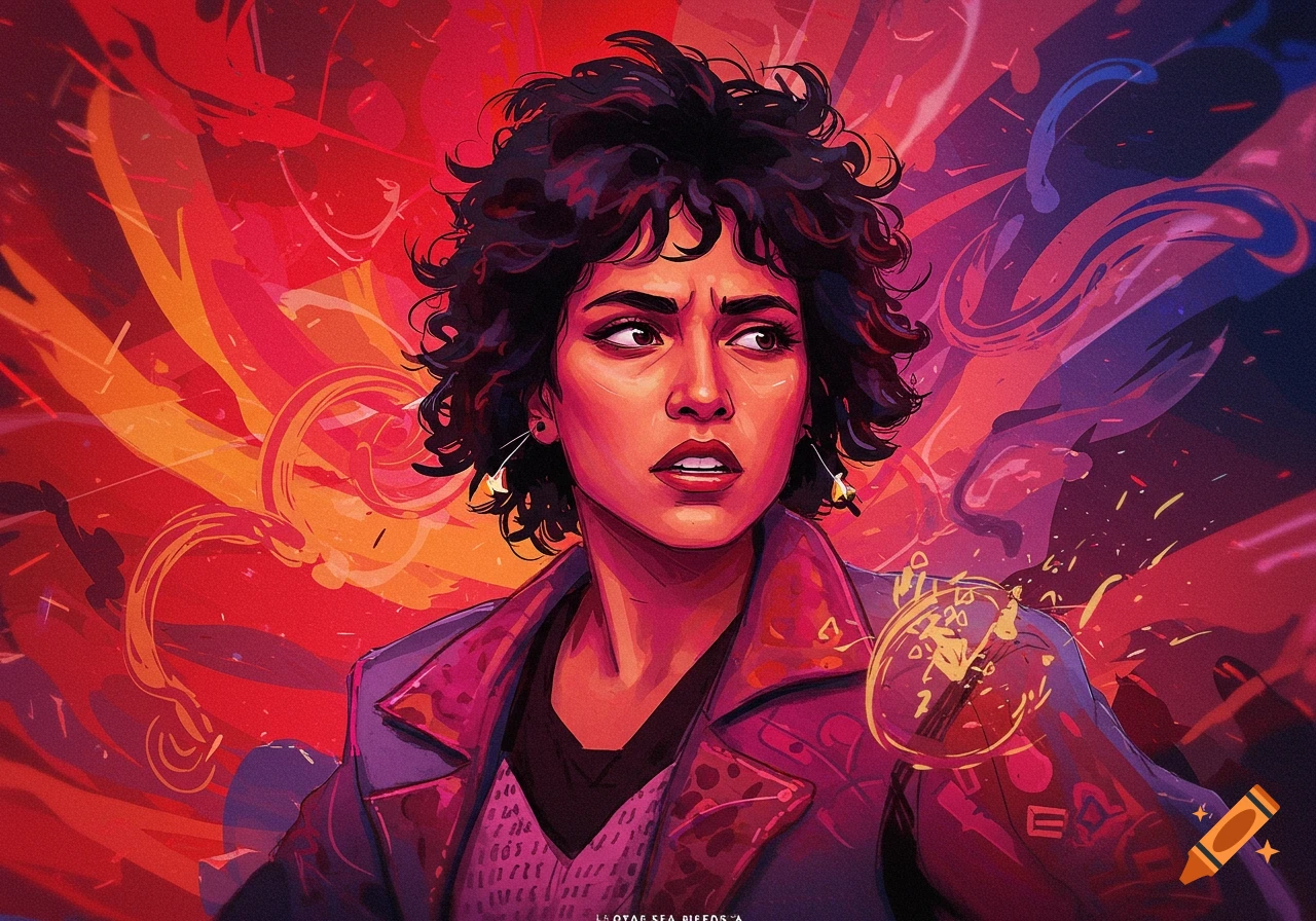 A vibrant digital illustration of a woman with curly hair and concerned expression, wearing a purple jacket against a swirling red, orange, and purple background.