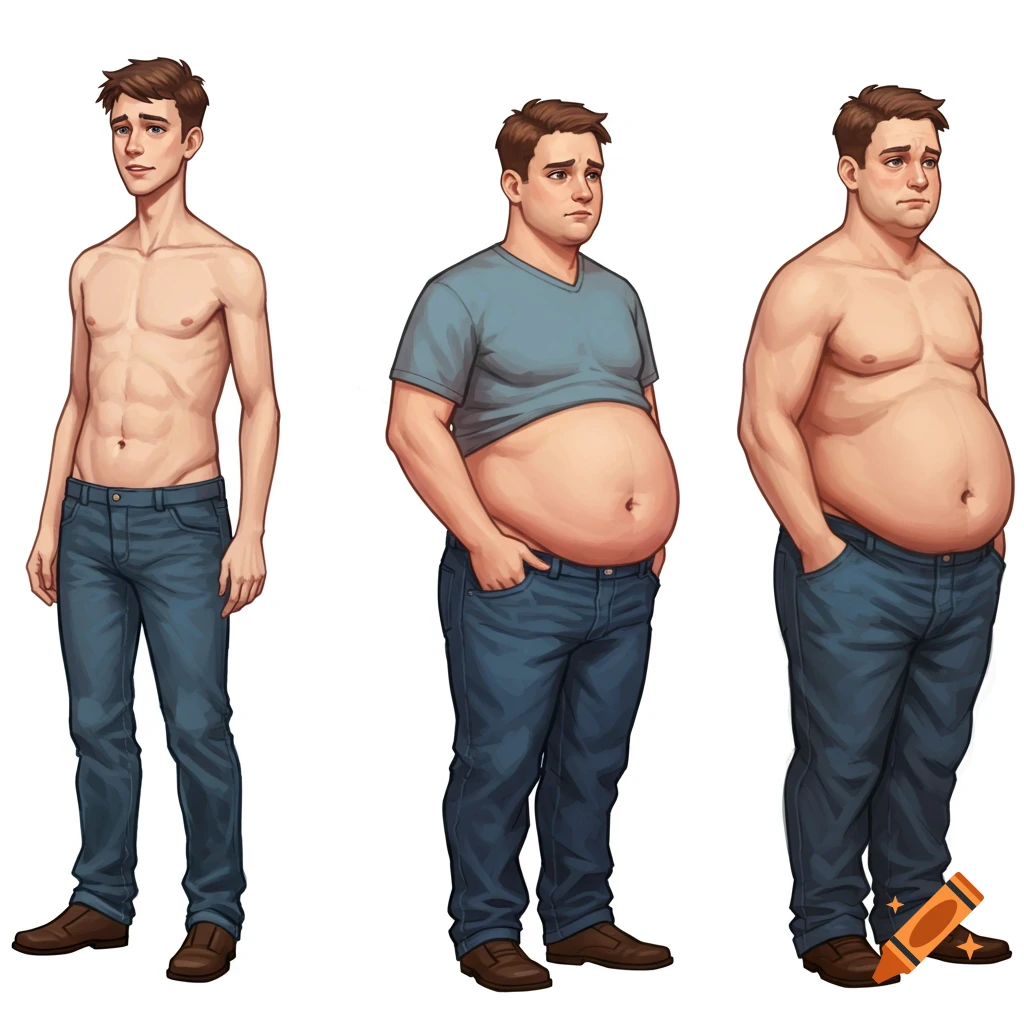 Illustration of a man's body transforming from thin to very overweight across three stages.