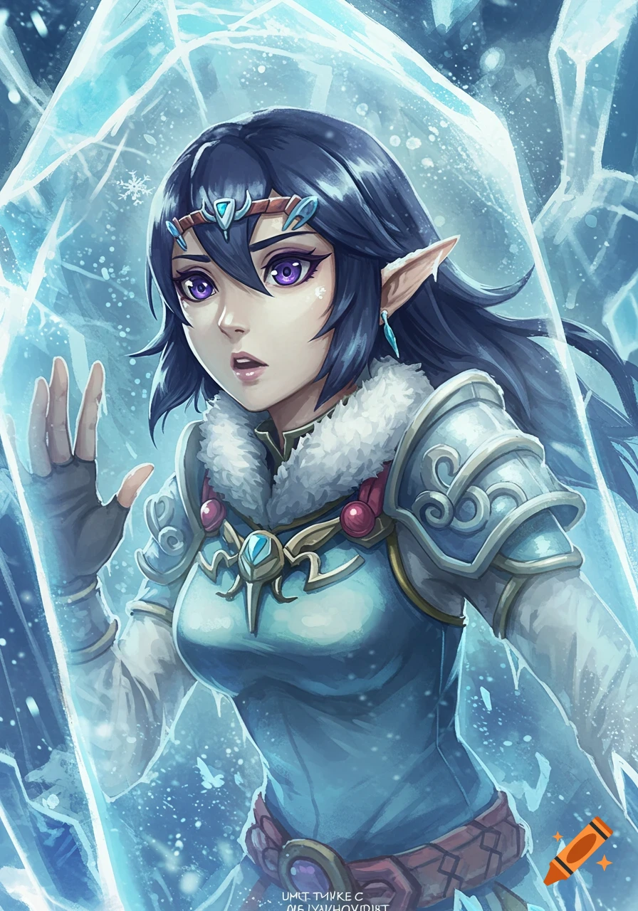 Anime style illustration of Lana from Hyrule Warriors frozen in a block of ice, looking surprised, with glowing purple eyes.