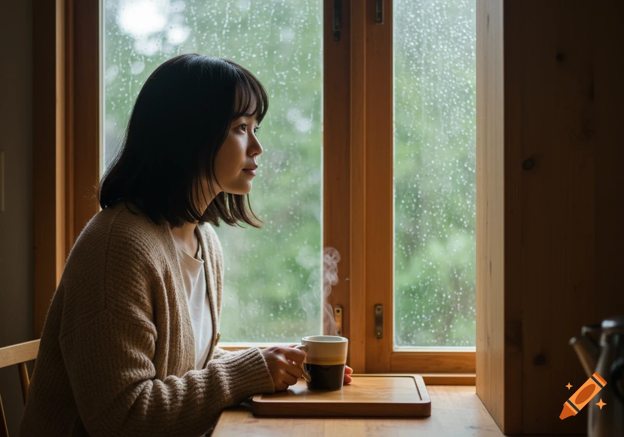 A woman sits by a window, holding a steaming coffee cup, looking out at the rain outside.