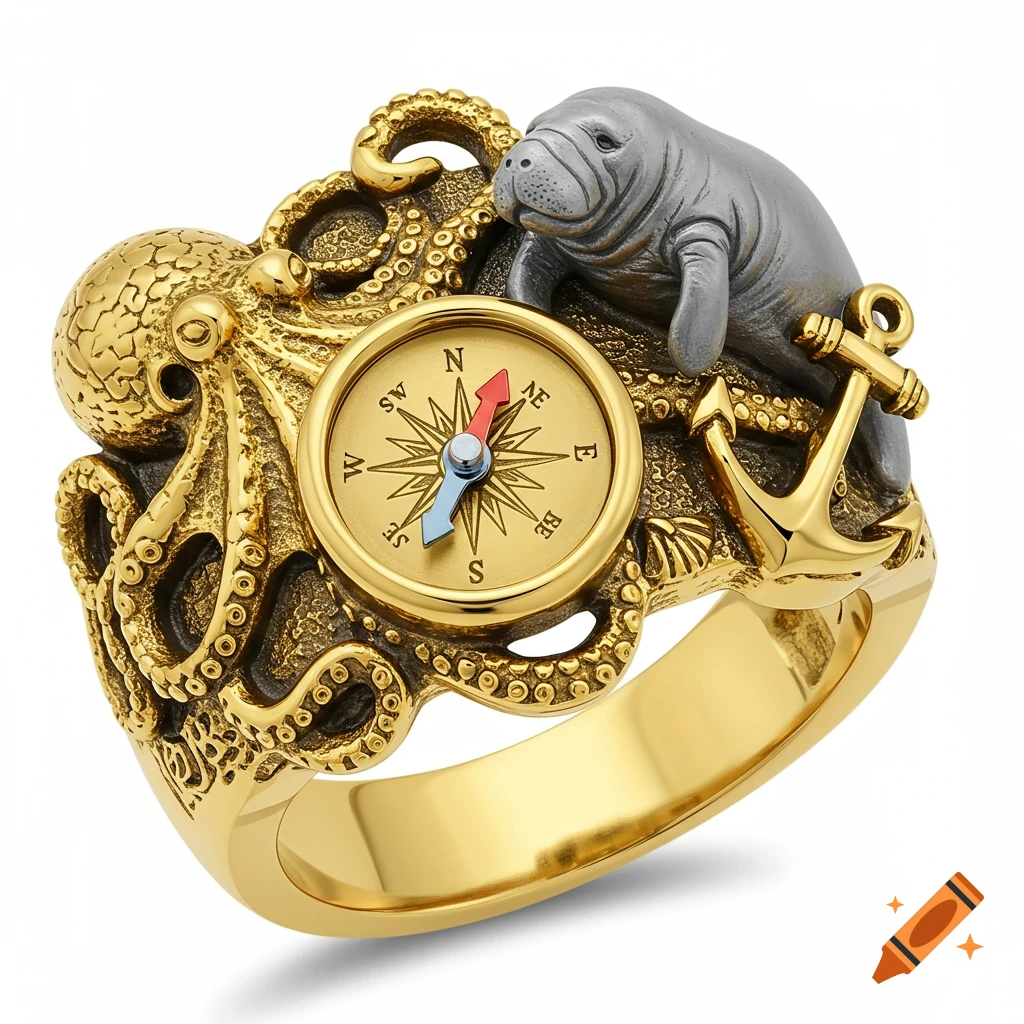 A detailed gold ring featuring an octopus, a manatee, an anchor, and a compass in the center.