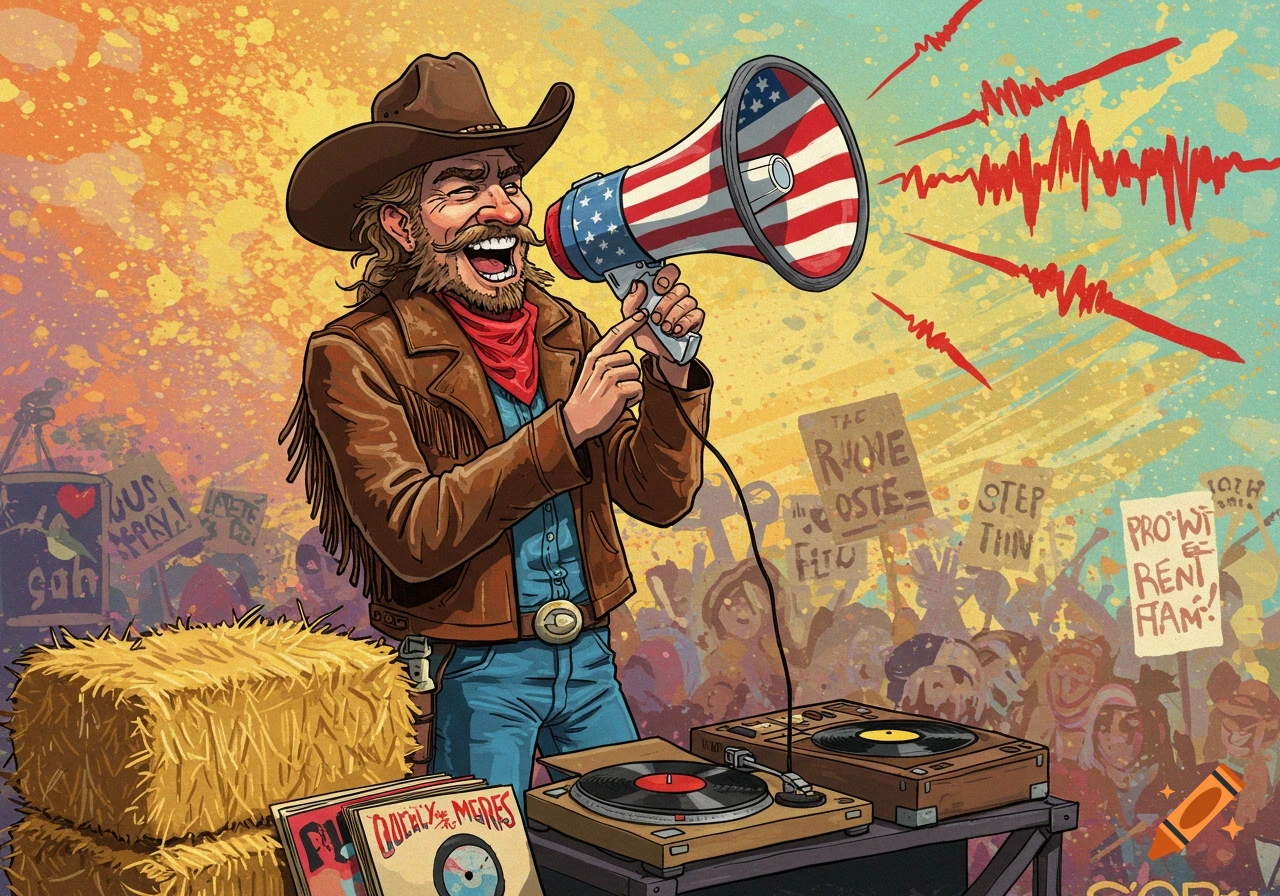 A cartoon cowboy DJ with an American flag megaphone sings into a crowd holding protest signs, next to hay bales and turntables.