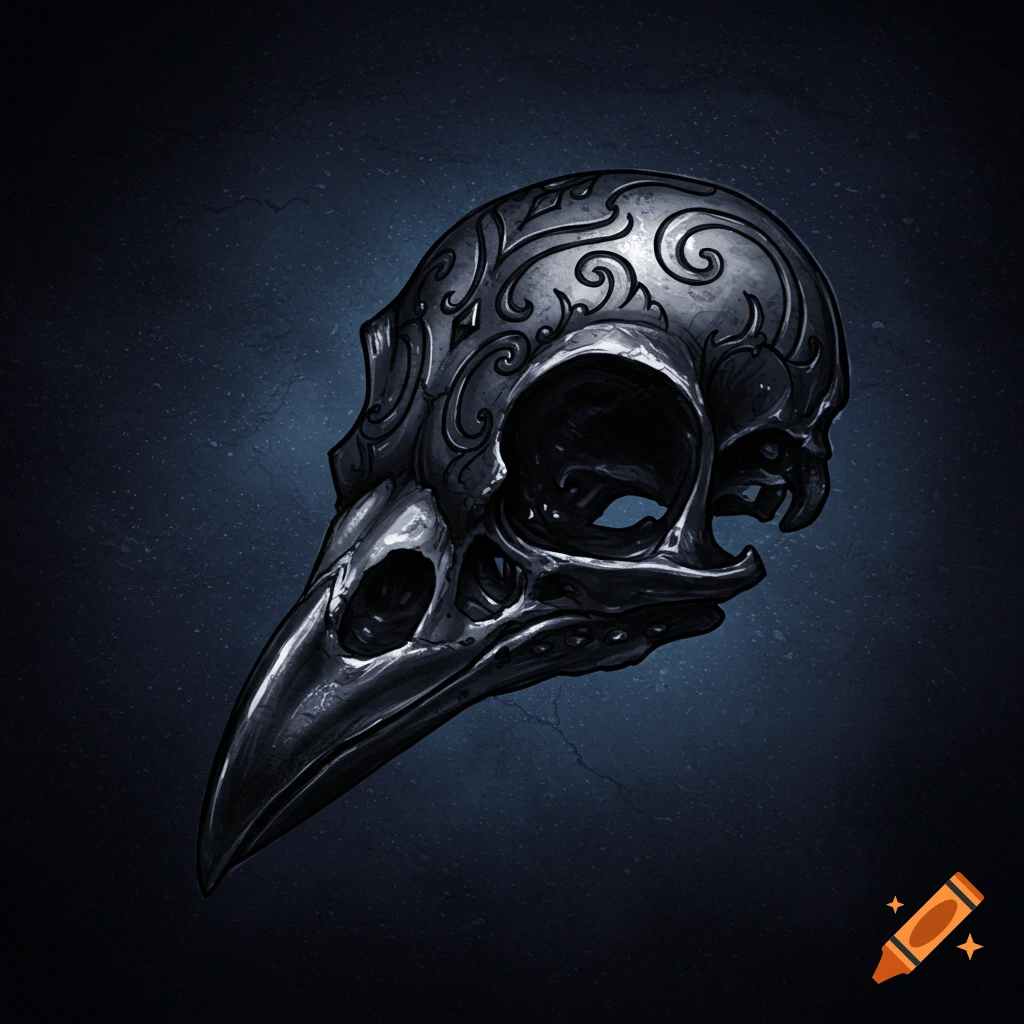 A dark, ornate, metallic crow skull with swirling patterns, set against a dark textured background.