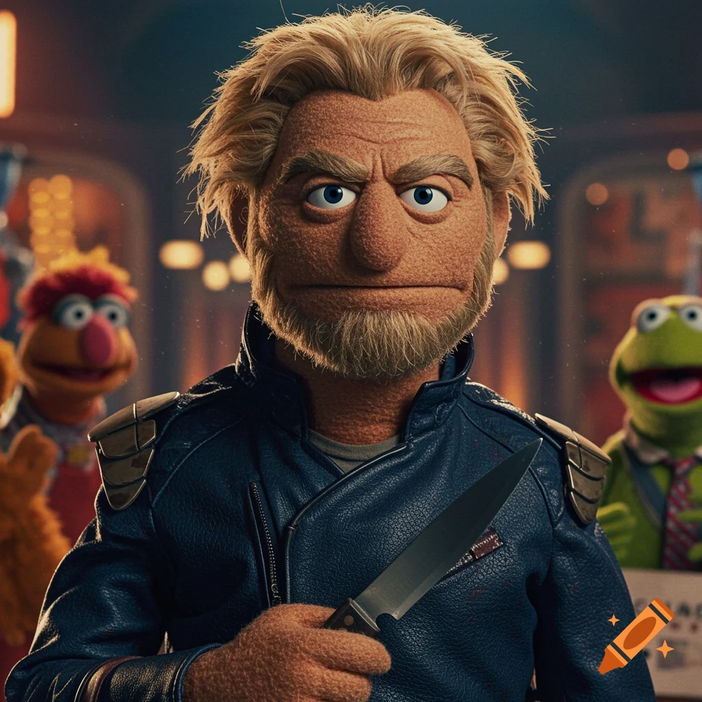 A photorealistic muppet version of Billy Butcher, with blond hair and beard, wearing a dark leather jacket, holding a knife. Other muppets are blurred in the background.