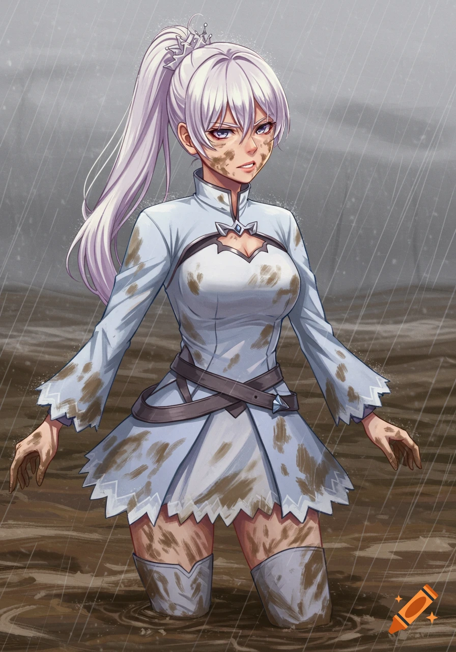 Anime style illustration of Weiss Schnee, a white-haired girl with a high ponytail, standing in muddy water and covered in mud and rain, looking displeased.