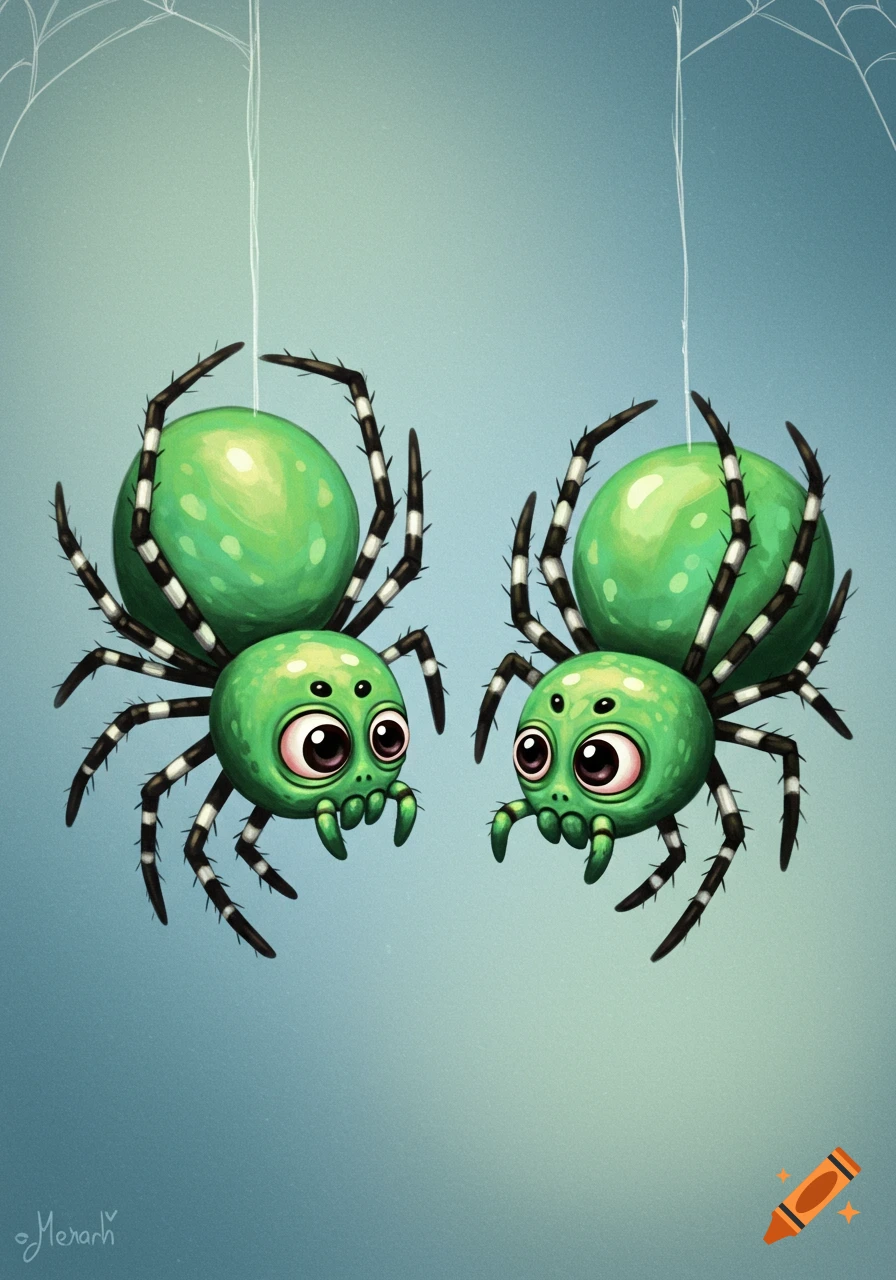 Two cute green cartoon spiders with big eyes hang from white webs against a blue background.