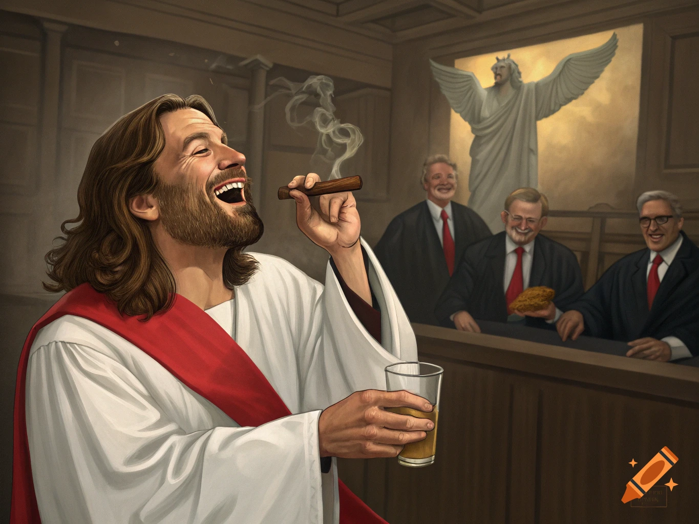 An illustration of Jesus laughing and smoking a cigar, holding a glass of beer, in a courtroom setting with laughing men in judge's robes.