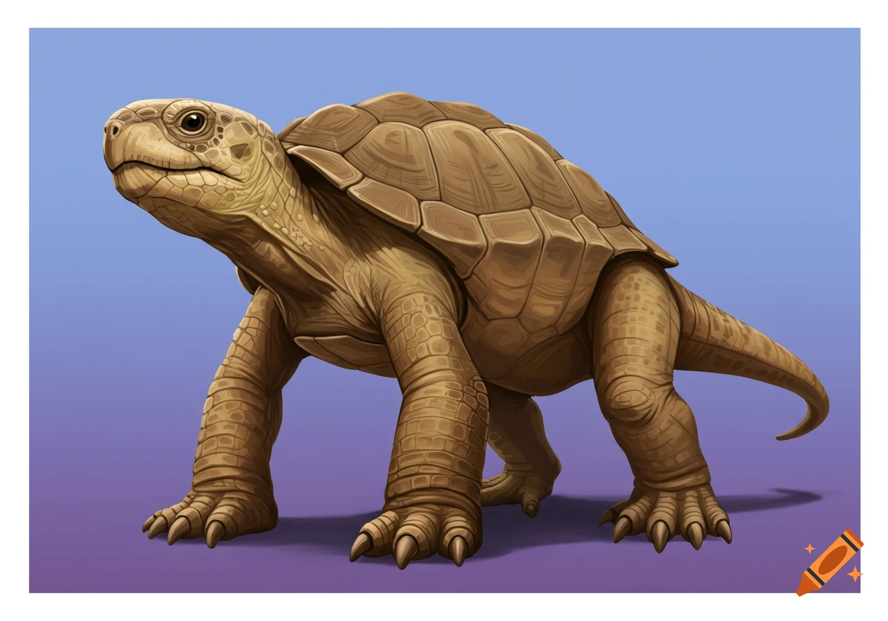 A detailed illustration of a brown turtle-like creature with strong legs standing on a purple and blue gradient background.