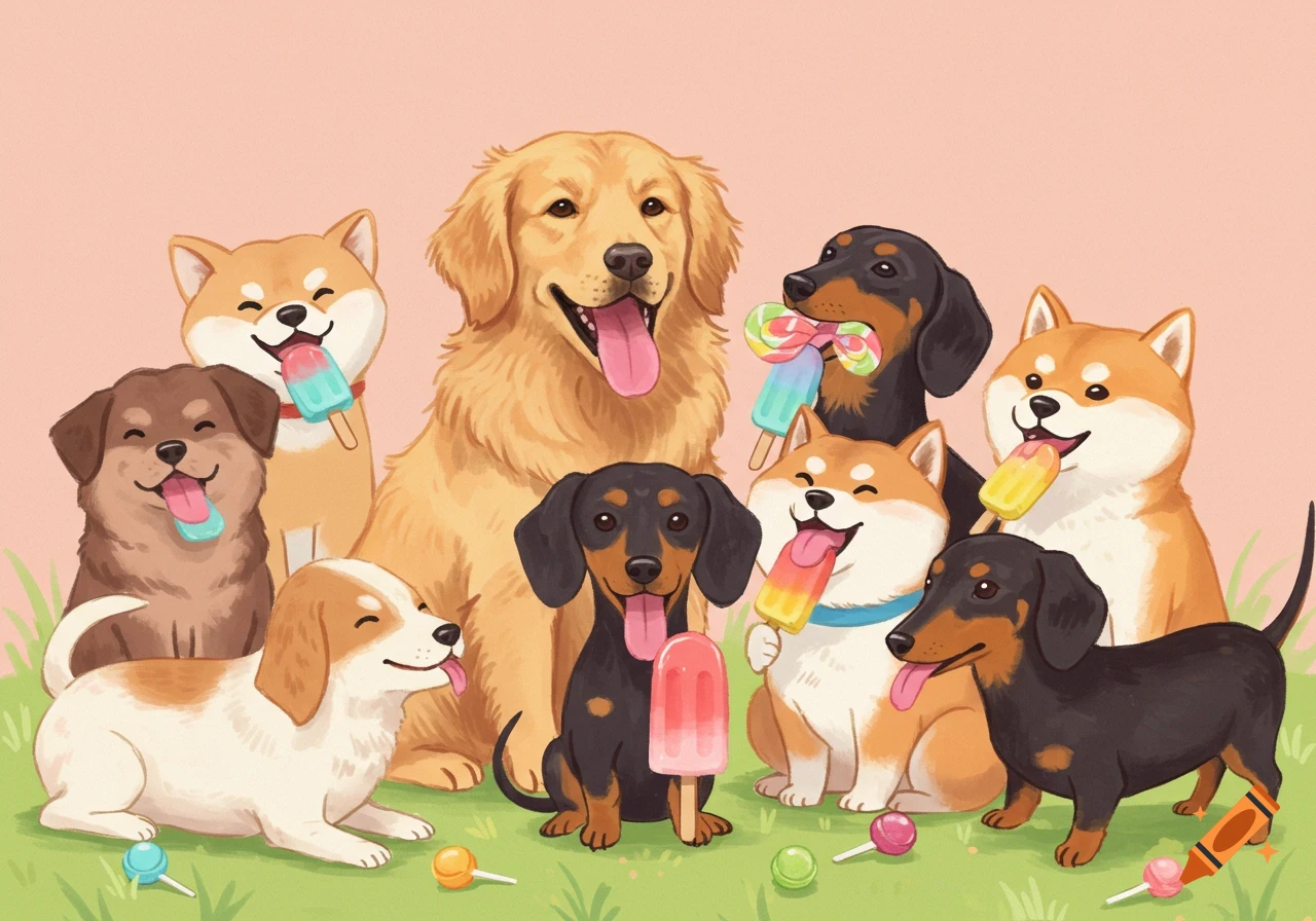 Happy cartoon dogs including golden retrievers, shibas, and dachshunds eating colorful popsicles on green grass with a pink background.