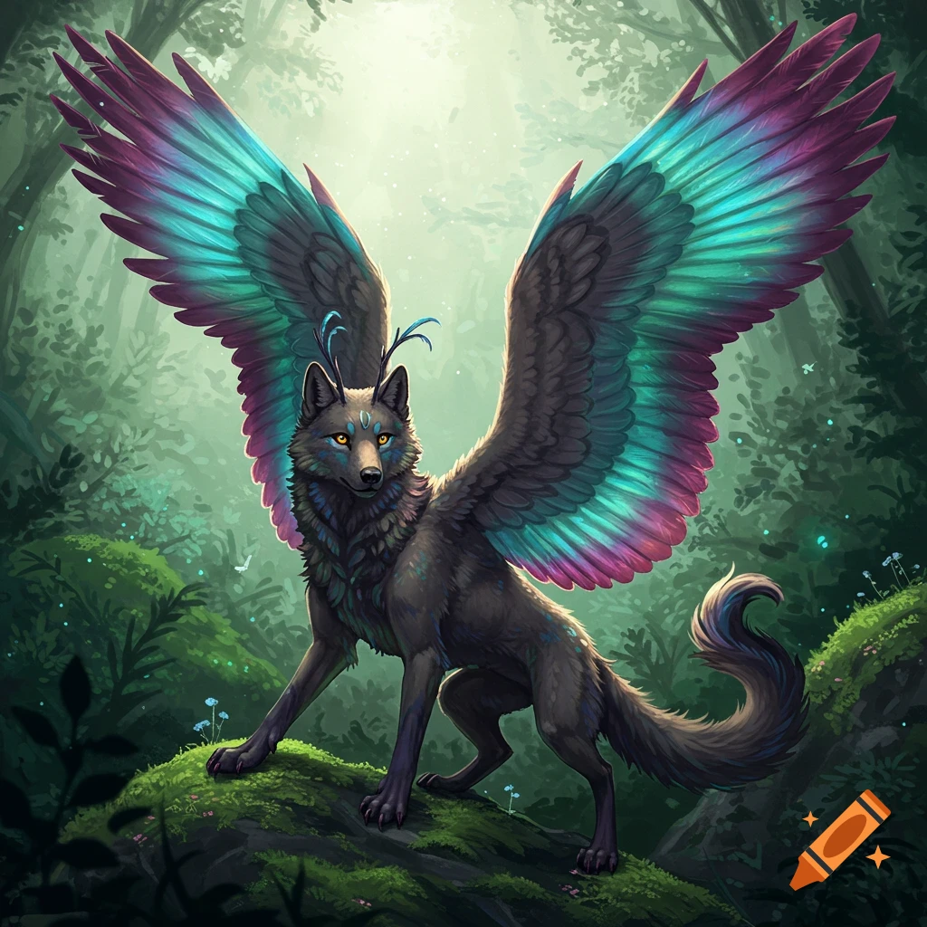 A winged wolf-like creature with large, iridescent turquoise and purple wings, glowing yellow eyes, and small blue antlers standing on a mossy log in a mystical forest with dappled light.