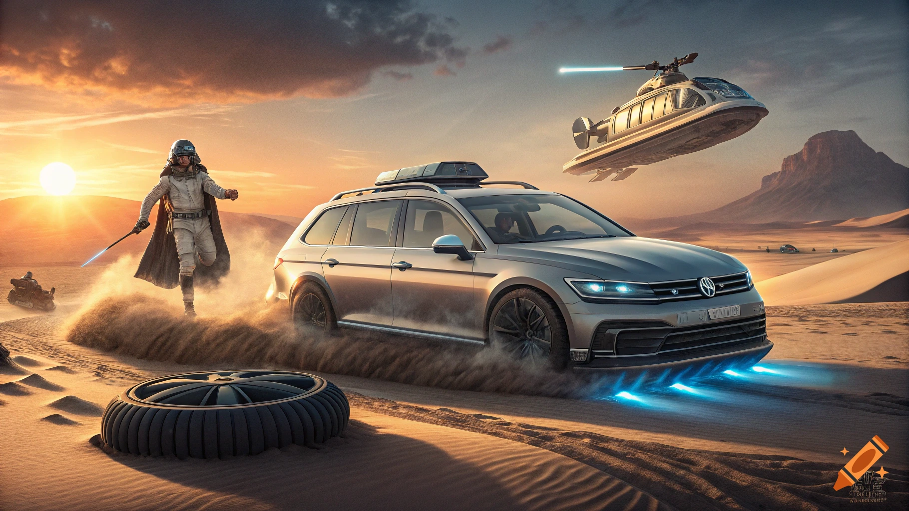 A futuristic silver Volkswagen wagon, converted into a landspeeder, hovers over a sandy desert at sunset. A character in Star Wars-like attire runs alongside, holding a lightsaber, with a hovercraft and speeder bike in the background.