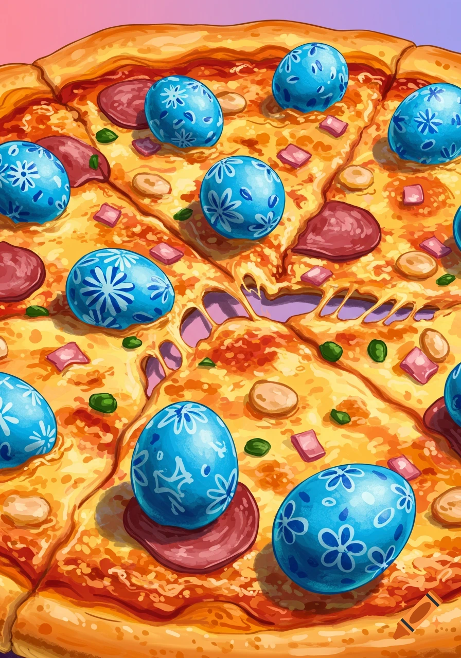 Close-up illustration of a pizza topped with blue Easter eggs with white floral designs.