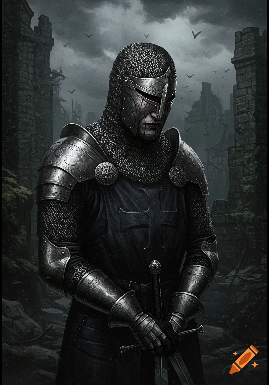 A dark gothic knight in chainmail armor, holding a sword, with blood on his helmet, standing against a ruined, stormy background.
