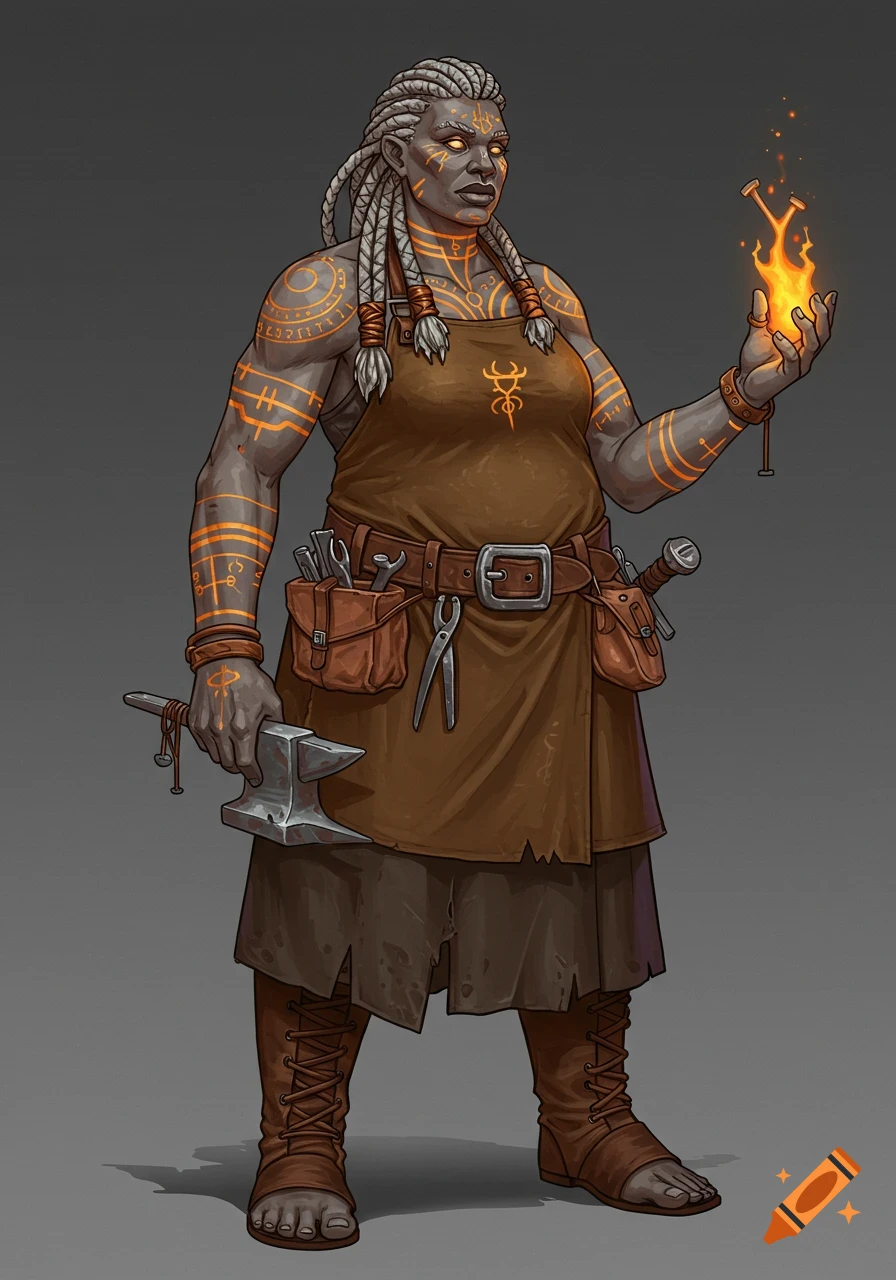 Digital illustration of a powerful female Goliath Cleric with gray skin and glowing orange tattoos, wearing a smith's apron, holding an anvil, and casting fire from her hand.
