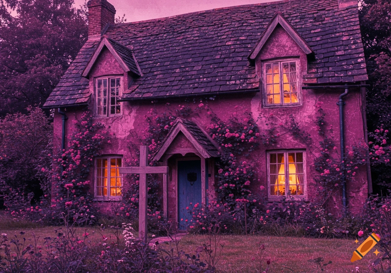 Vintage cottage covered in magenta flowers with a wooden cross, glowing windows, in a purple oil painting style at twilight.
