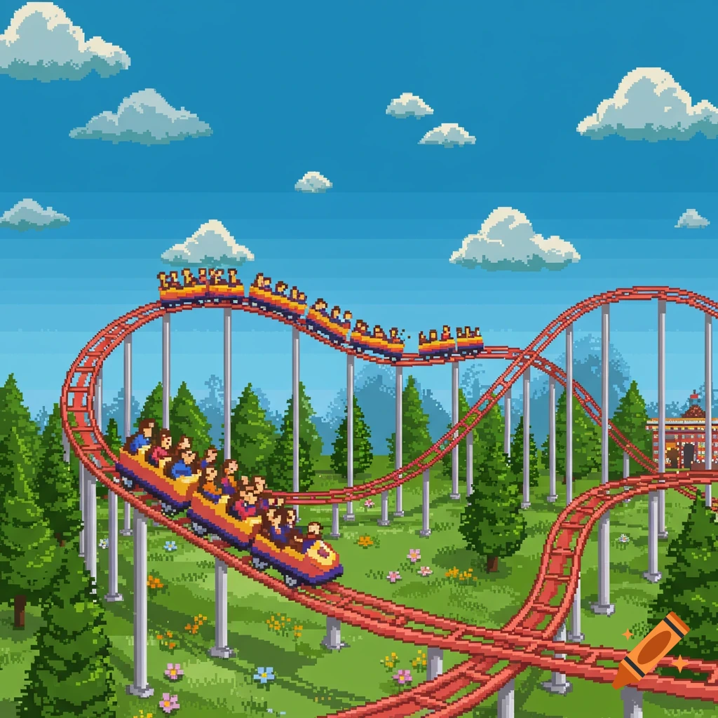 A vibrant pixel art image of a red rollercoaster with people riding in yellow cars, winding through green trees under a blue sky with white clouds.