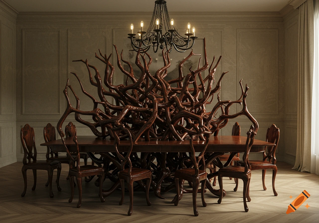 A luxurious dining room with a large wooden table and chairs, featuring an intricate, root-like base and chair backs. A chandelier hangs above.