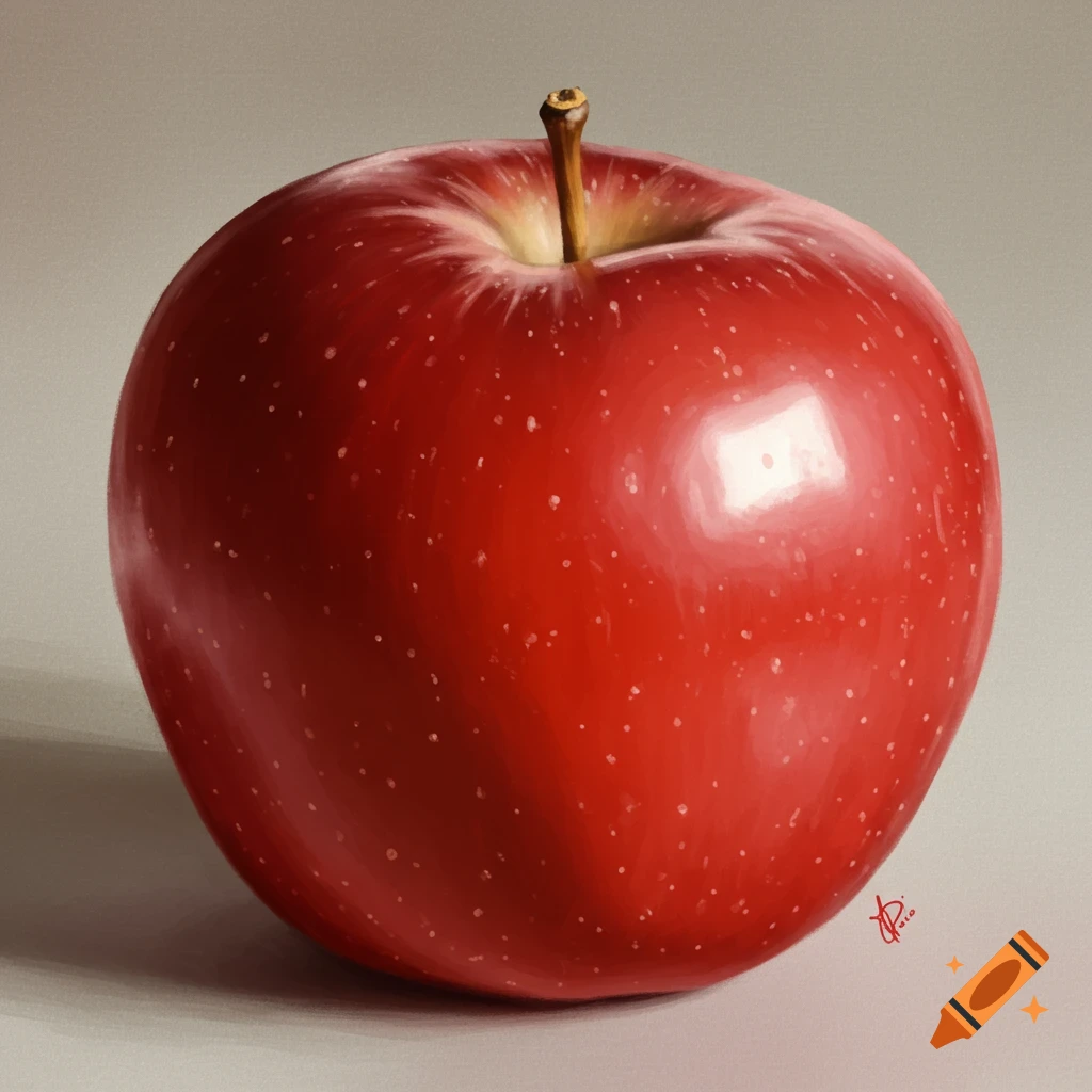 A detailed, photorealistic digital painting of a single red apple with a brown stem, sitting on a light gray surface.