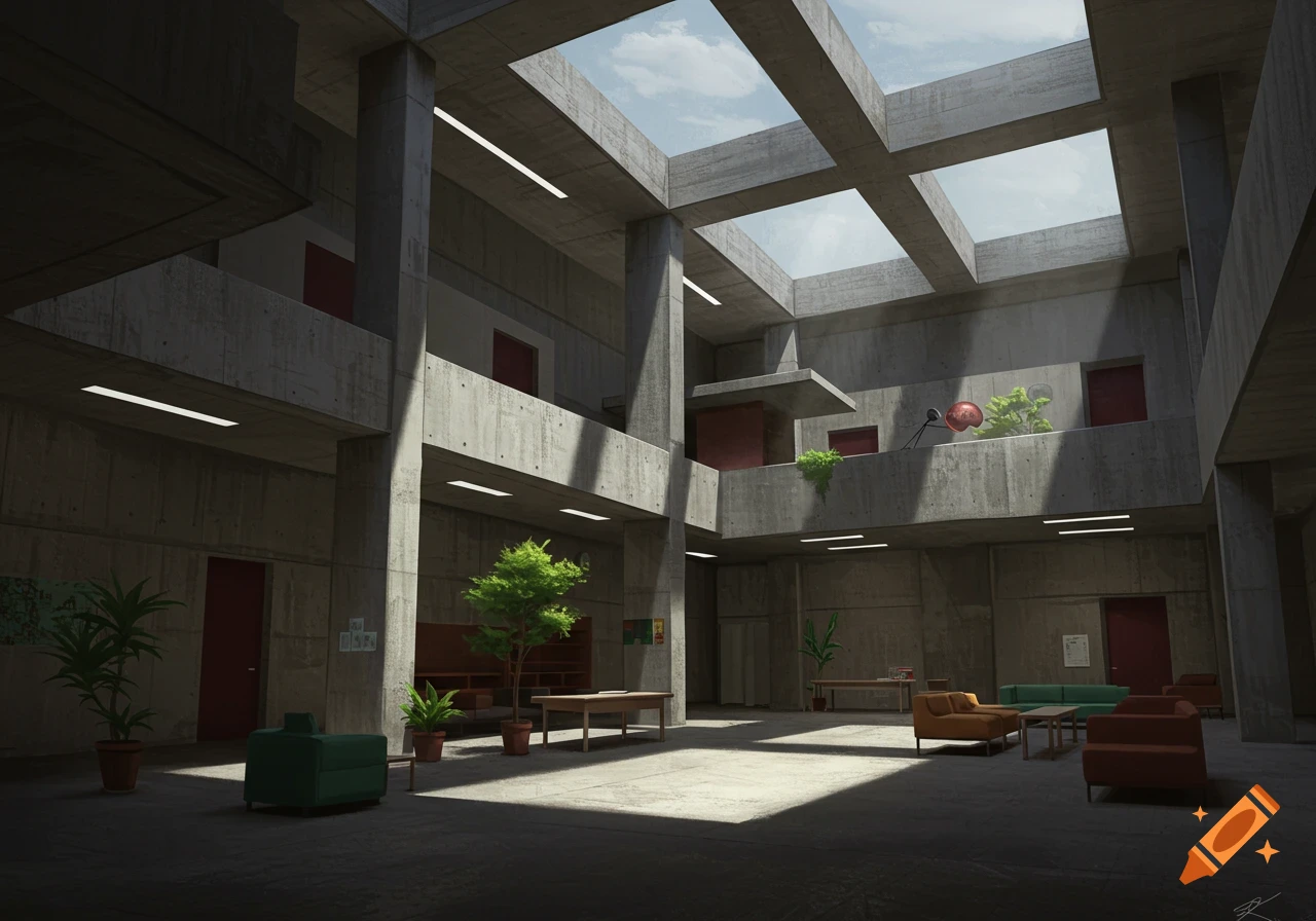 Spacious brutalist concrete building interior with skylights and daylight illuminating plants and minimalist furniture.