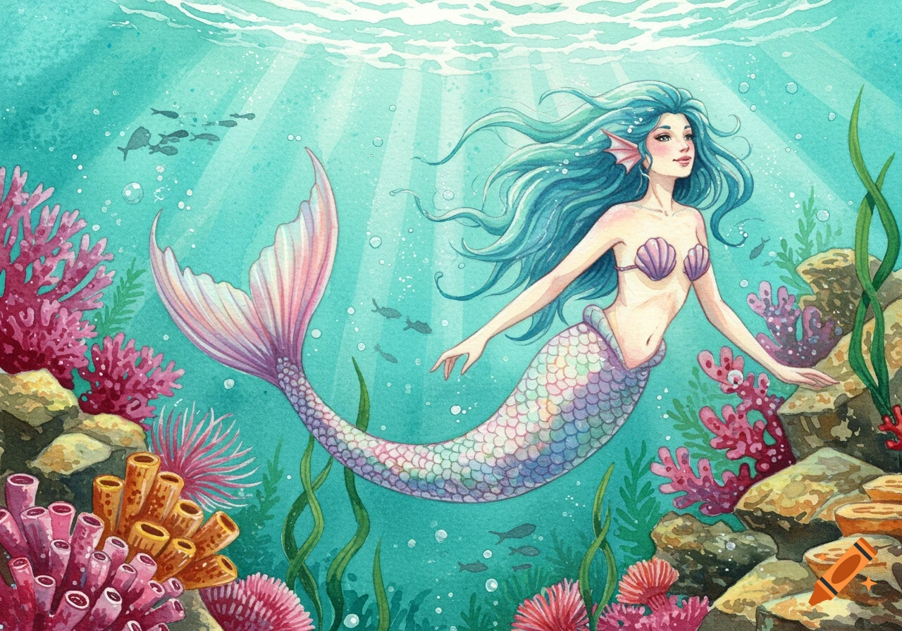 A colorful watercolor illustration of a mermaid with blue hair and a pink-purple tail swimming in a vibrant coral reef.