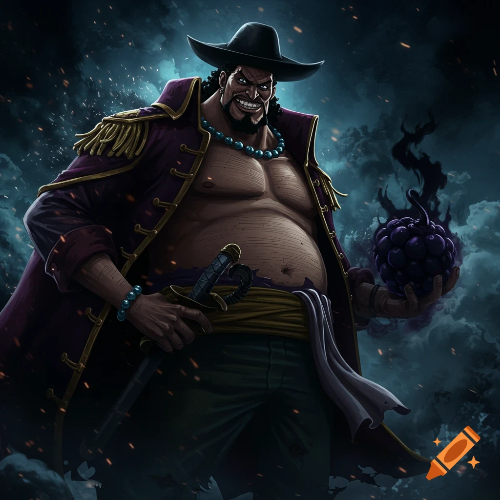 A large, muscular man with a dark hat and purple coat grins, holding a sword and a dark purple fruit, against a stormy background in an anime style.