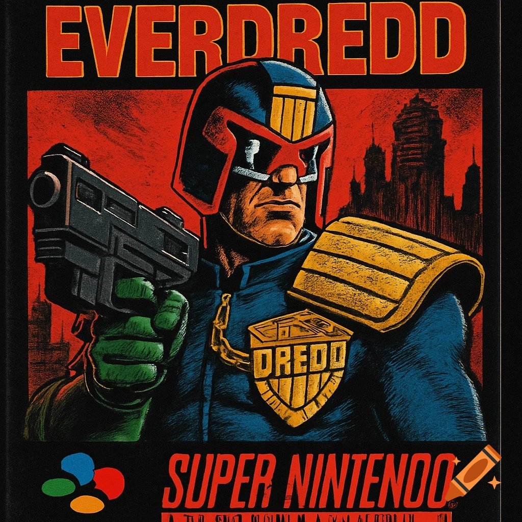 A stylized comic book illustration of a Judge Dredd-like character in a helmet and blue uniform, holding a gun, with text that reads "Everdredd" and "Super Nintendo" on a red and black background.