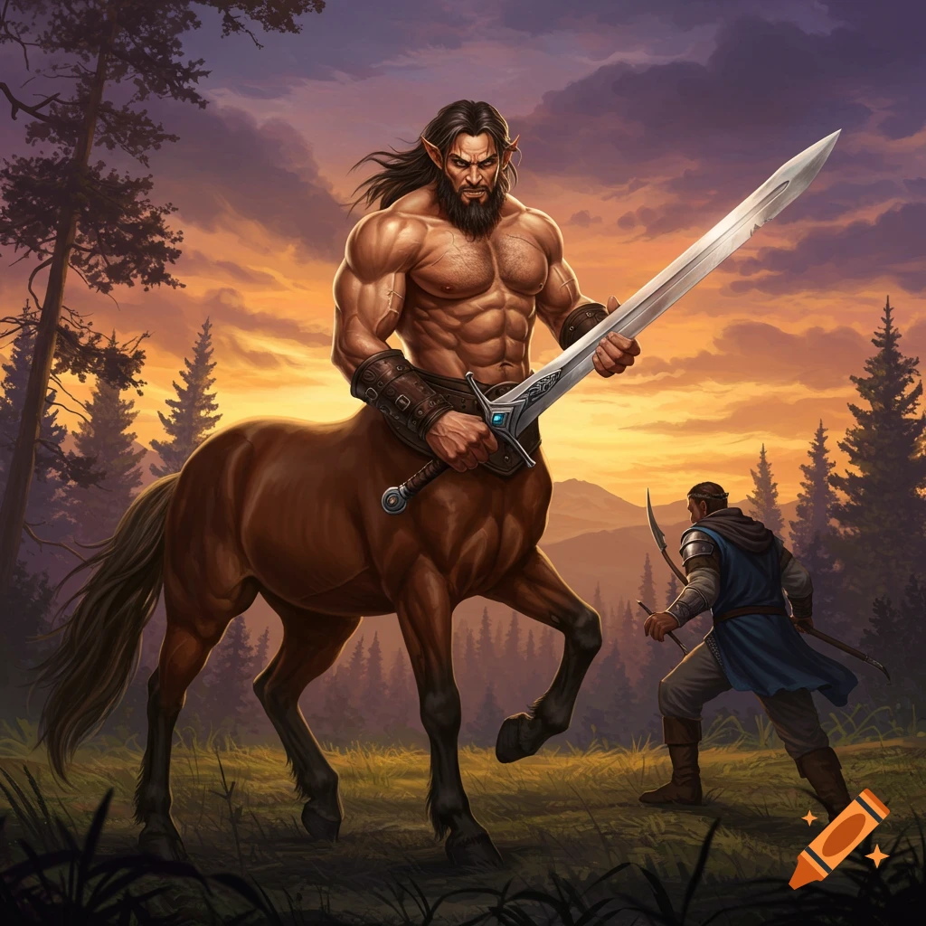 A muscular centaur with a sword faces off against a human archer in a forest clearing at sunset, depicted in a fantasy art style.