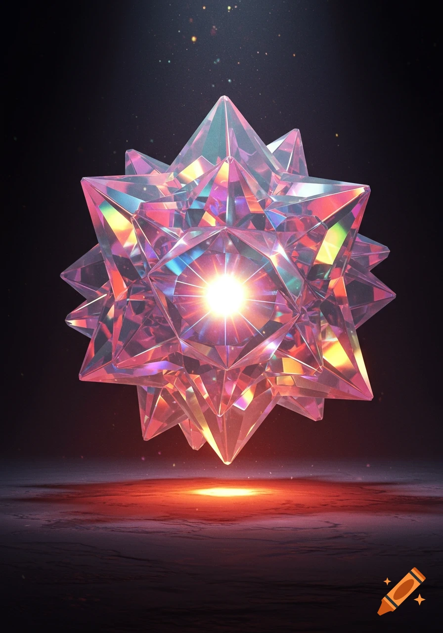 A vibrant, multi-faceted crystal with a bright glowing core floats above a reddish-orange illuminated surface in a dark, starry void.