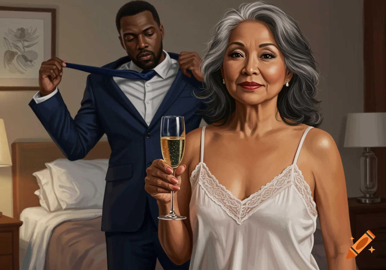 A mature woman in a nightgown holds a champagne glass while a man removes his tie in a bedroom.