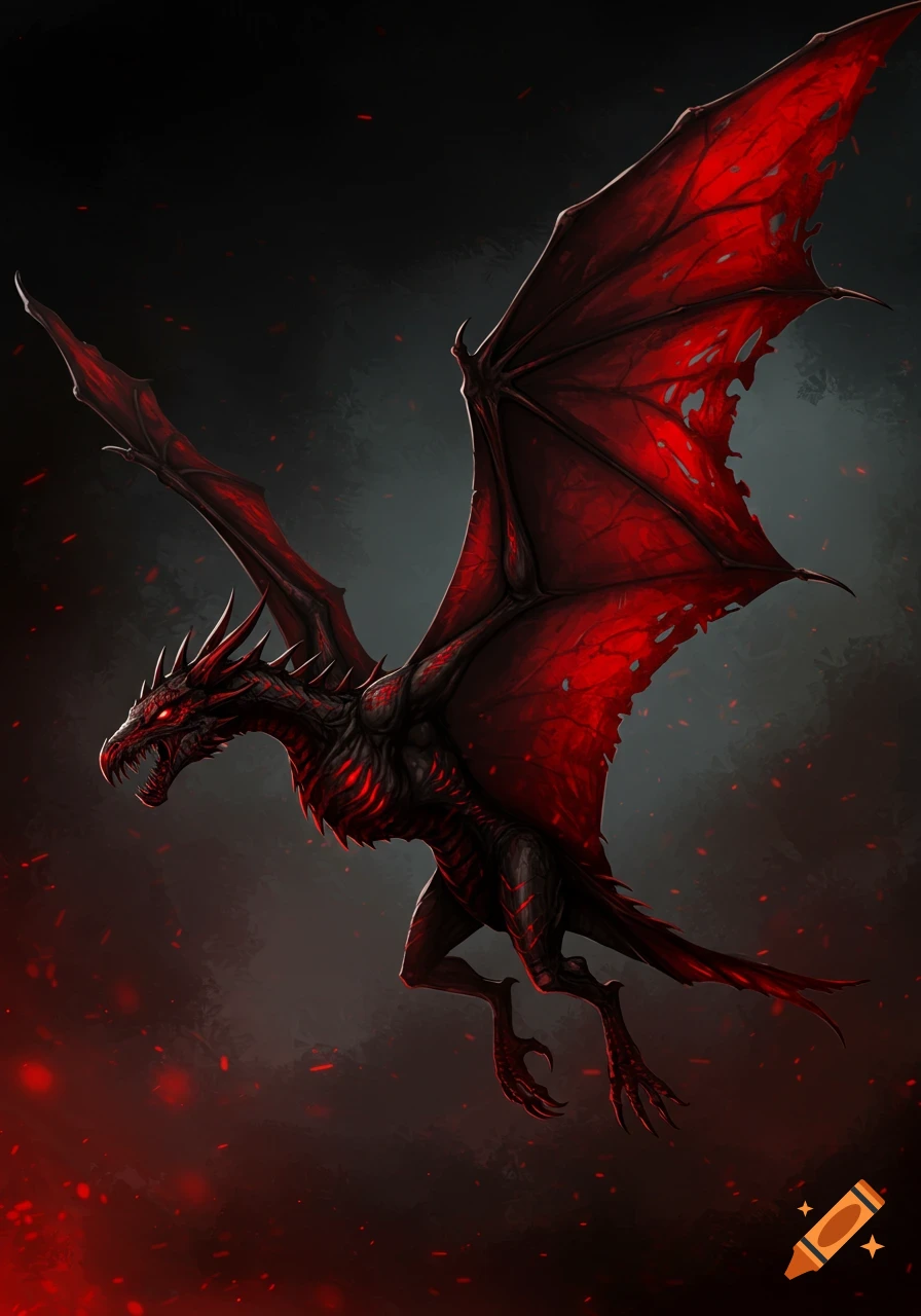 A menacing black dragon with large, tattered blood-red wings and glowing red eyes, flying against a dark, smoky background with red embers.