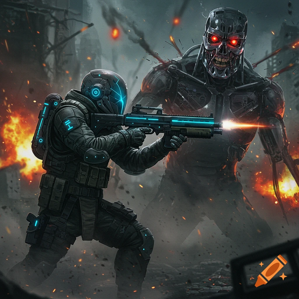 A futuristic soldier shoots a large, battle-damaged robot in a burning, ruined city, sci-fi style.