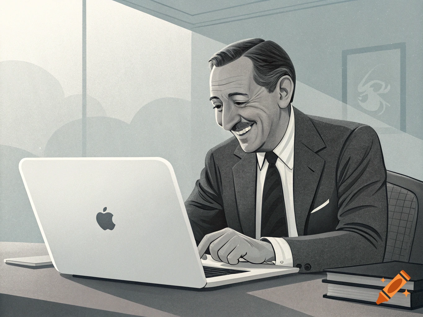 Illustrative portrait of a smiling Walt Disney looking at a laptop in an office setting.
