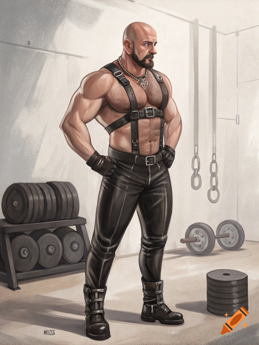 An illustration of a muscular bald man with a beard wearing a leather harness and pants, standing in a gym with weights.