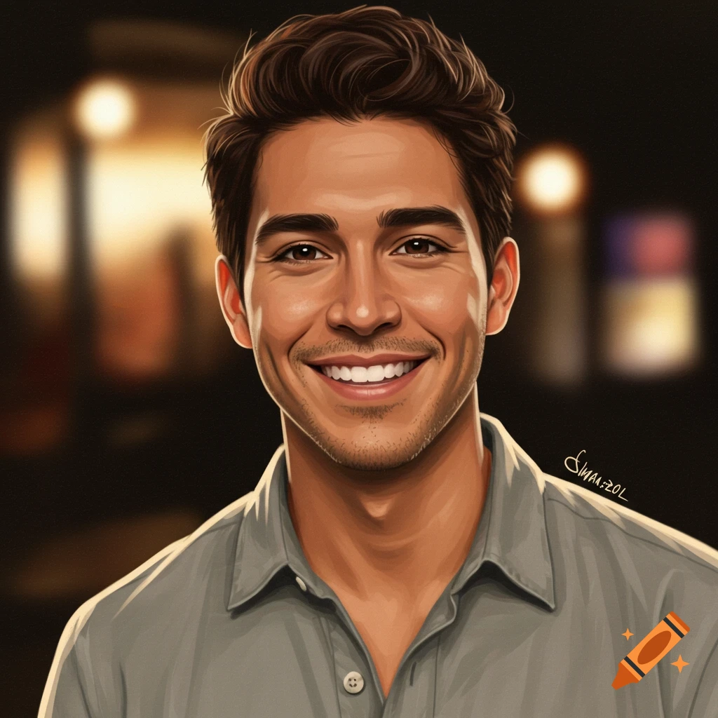 A digital painting of a smiling man with brown hair and a gray shirt against a blurred background.