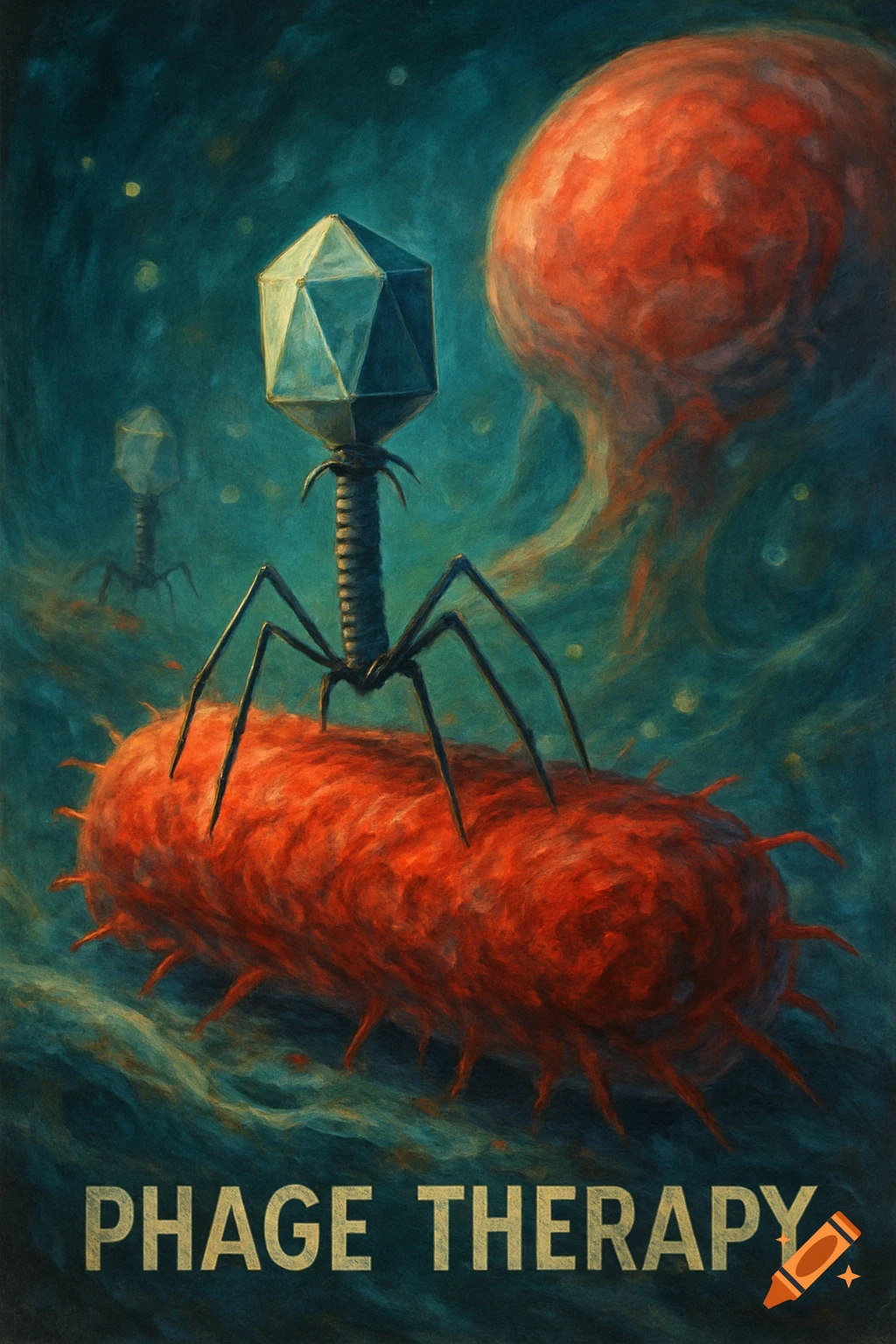 A vintage-style illustration of a bacteriophage landed on a bacterium, with other microscopic forms in a teal and red background.