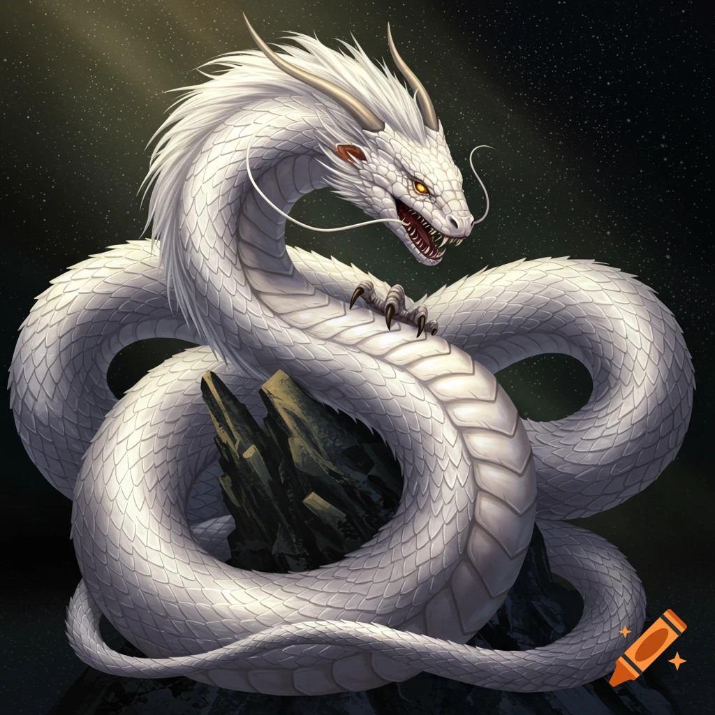 A detailed illustration of a white snake-like dragon with golden eyes, coiled around dark rocks against a starry sky.