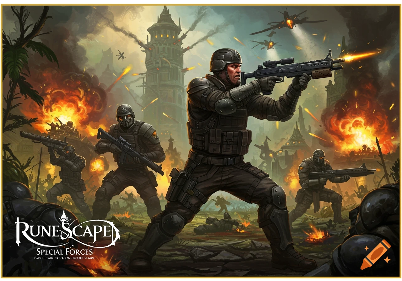 An epic fantasy illustration of soldiers in a fiery battlefield with futuristic weapons, planes, and a large tower, featuring the RuneScape Special Forces logo.