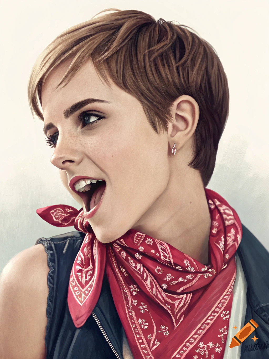 Photorealistic portrait of a woman with a pixie cut and a red bandana in her mouth.
