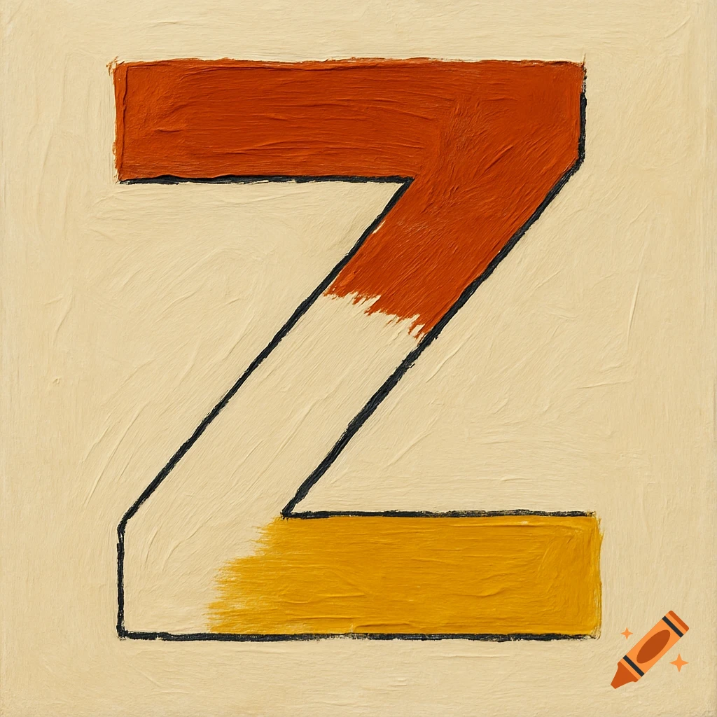 An abstract painting of a bold black letter Z with the top filled in reddish-orange and the bottom filled in mustard yellow, on a cream background.
