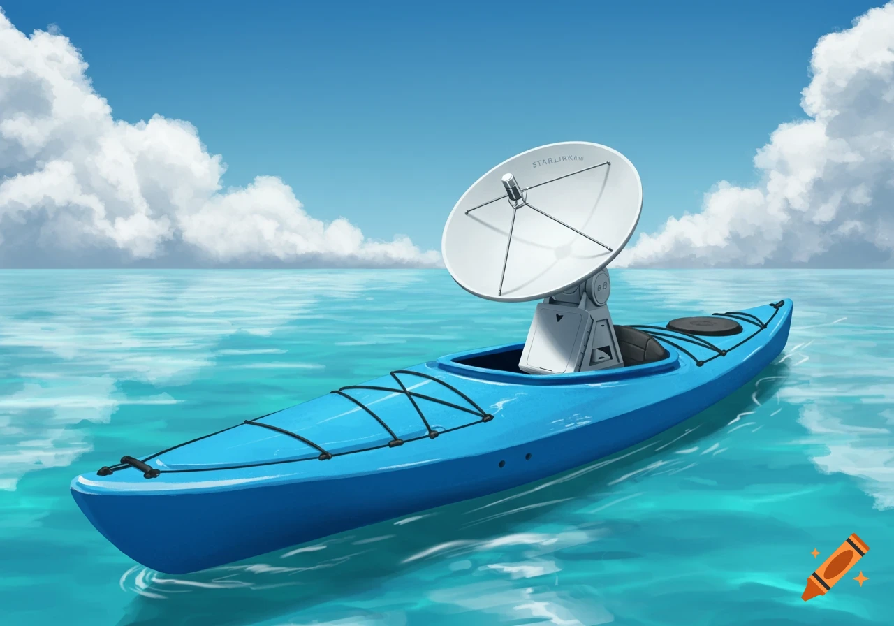 A blue kayak with a white Starlink satellite dish floats on clear blue water under a cloudy sky.