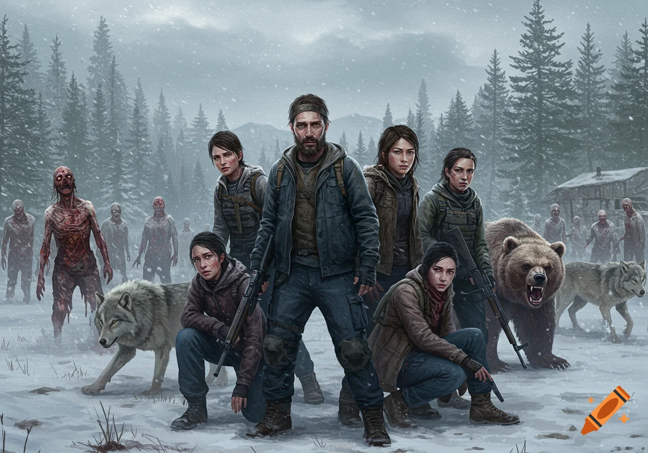 A group of armed survivors, including a man and several women, stand in a snowy forest surrounded by zombies, wolves, and a snarling bear.